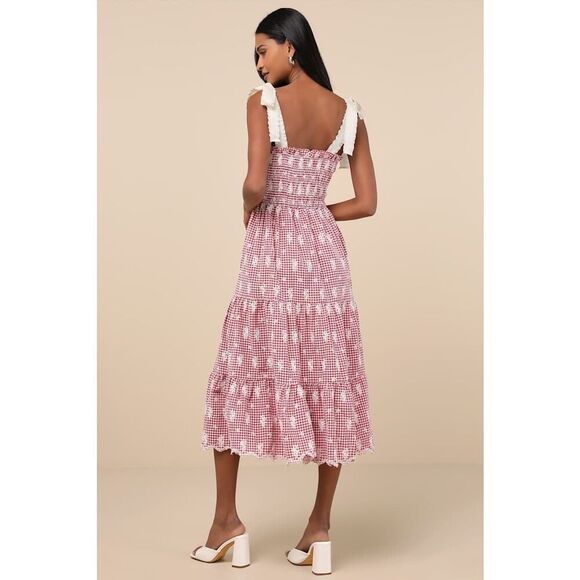 Jacquie the Label Dresses & Skirts - JACQUIE THE LABEL Red Isabella Gingham Embroidered Tiered Midi Dress Size S NWT